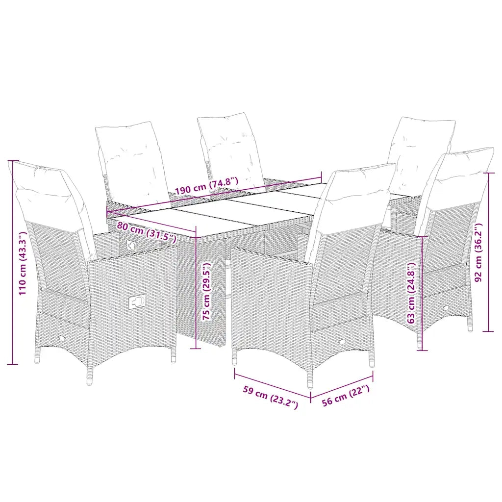 Set da Pranzo da Giardino 7pz con Cuscini in Polyrattan Marrone