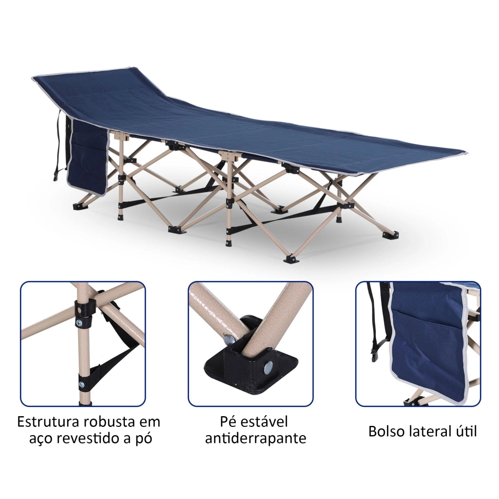 Letto pieghevole da campeggio con struttura in acciaio e borsa per il trasporto, tessuto in poliestere blu, 190 × 68 × 52 cm