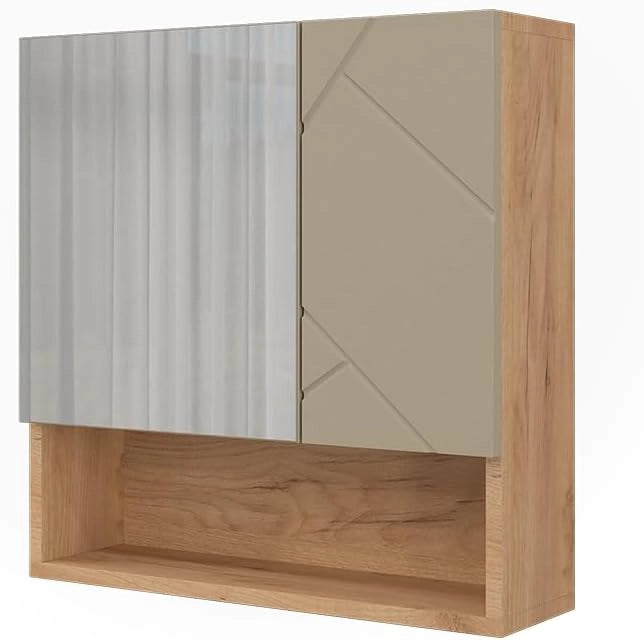 Specchio contenitore bagno Irma, Verde salvia, 54 x 55 cm, per montaggio a parete con specchio e vani a giorno