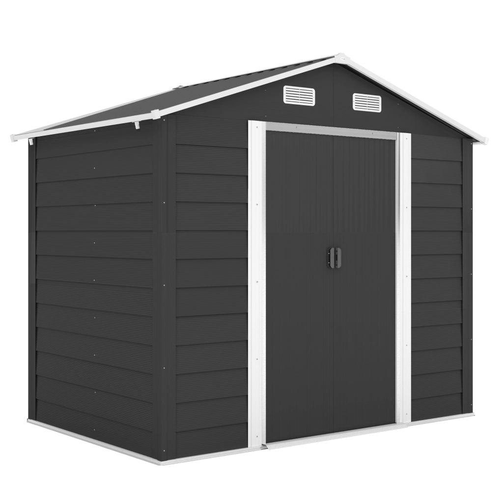 Casetta Porta Attrezzi 196x236x208 cm con Porte Scorrevoli e 4 Prese d'Aria in Acciaio e PP Grigio Scuro