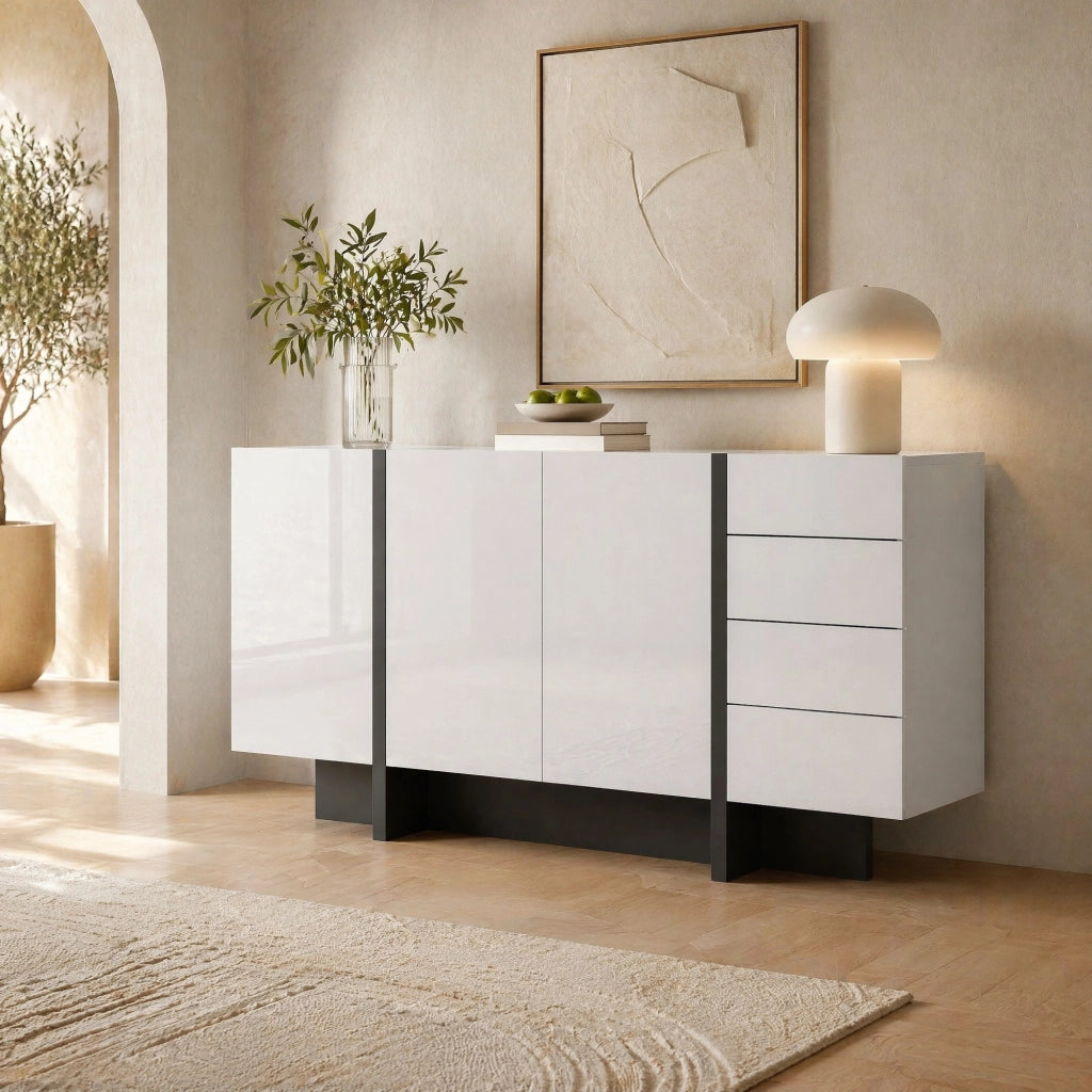 Sideboard moderno bianco lucido 150 cm con 2 ante e 4 cassetti; in MDF e truciolare; bianco nero