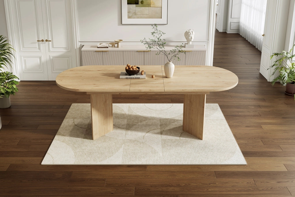 Tavolo da pranzo allungabile 140/180 cm in MDF effetto rovere, per 4-8 persone, con angoli arrotondati