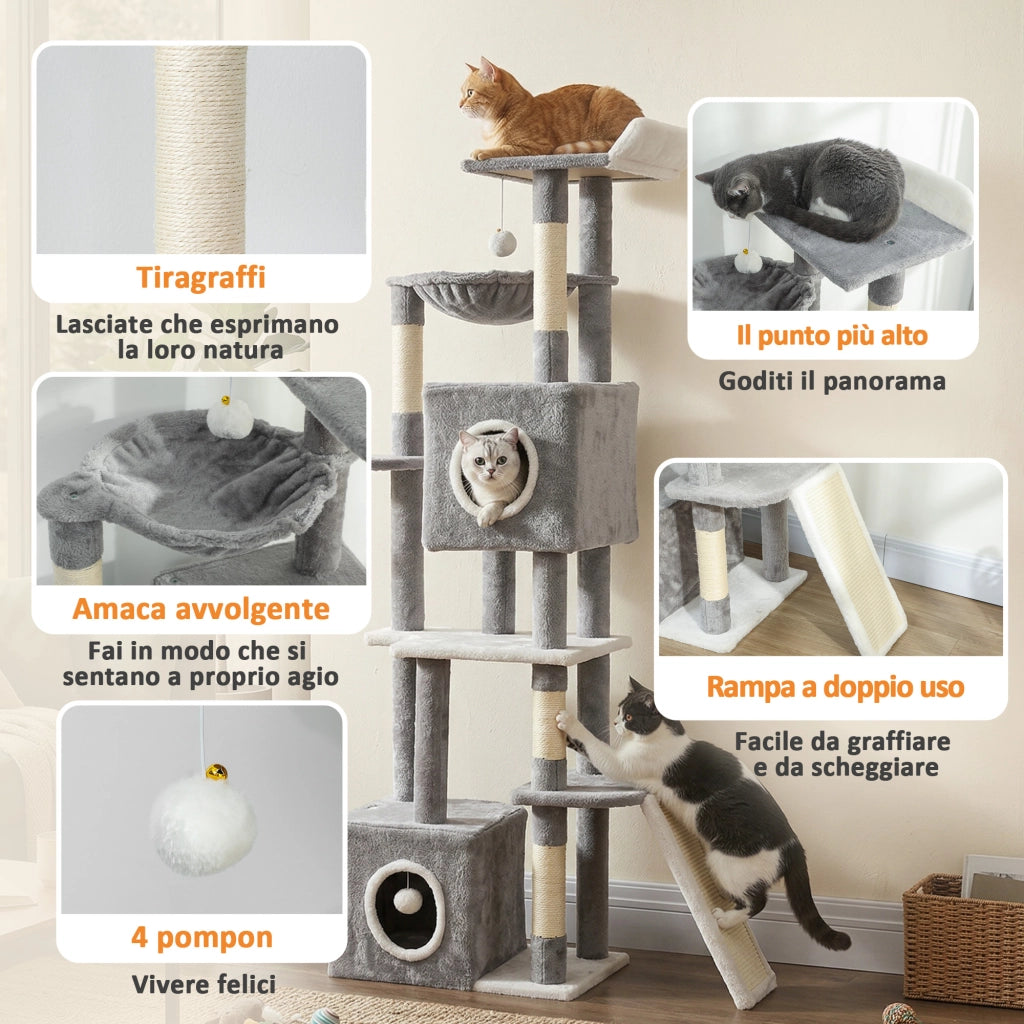 Albero Tiragraffi per Gatti con Casette e Palline ¨C zephmum ¨C Grigio e Bianco 48x40x165 cm