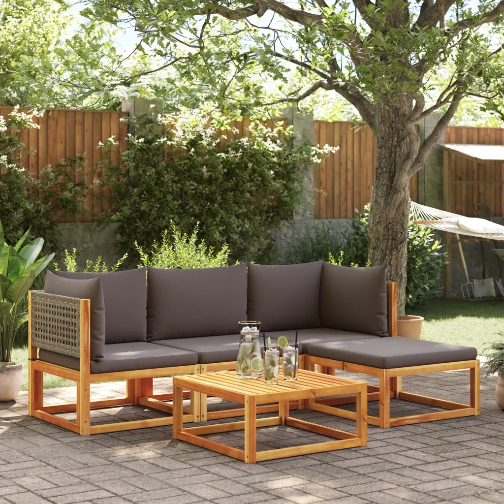 Set di divani da giardino 5 pezzi con cuscini in legno di acacia e rattan 3278895