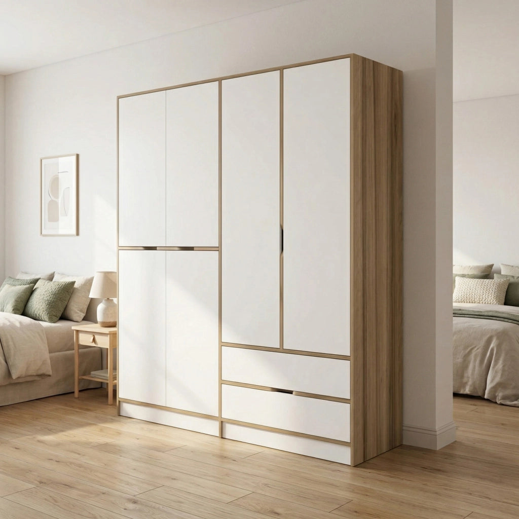 Armadio Camera da Letto Odalys, Guardaroba Grande Appendiabiti, 185x208h cm Bianco e Marrone noce\