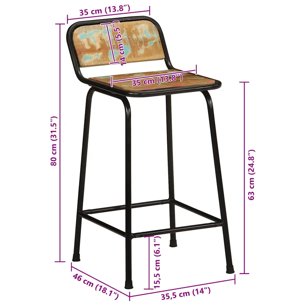 Sgabelli da Bar 2 pz 46x35,5x80 cm Legno Massello di Recupero