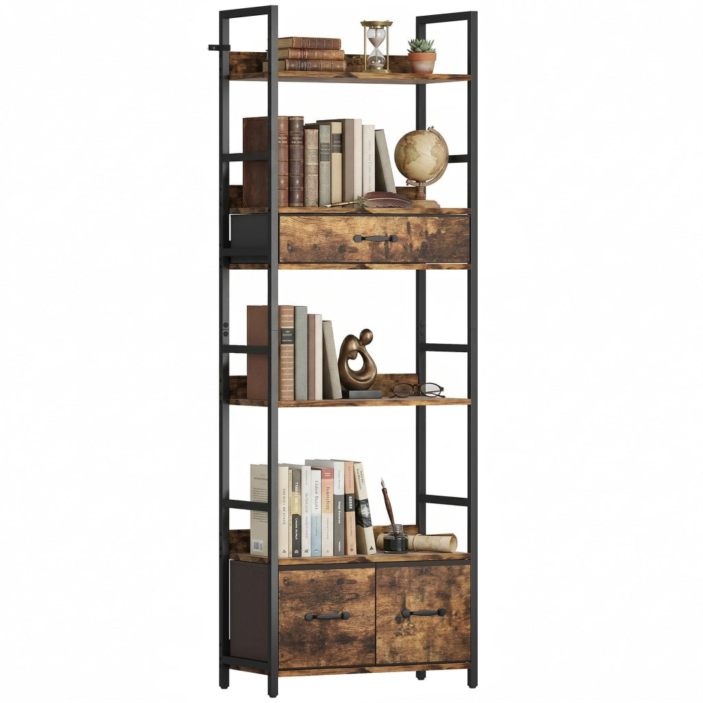 Libreria 6 Livelli con Cassetti Tessuto ¨C Zephmum ¨C 60x30x176cm Marrone Rovere