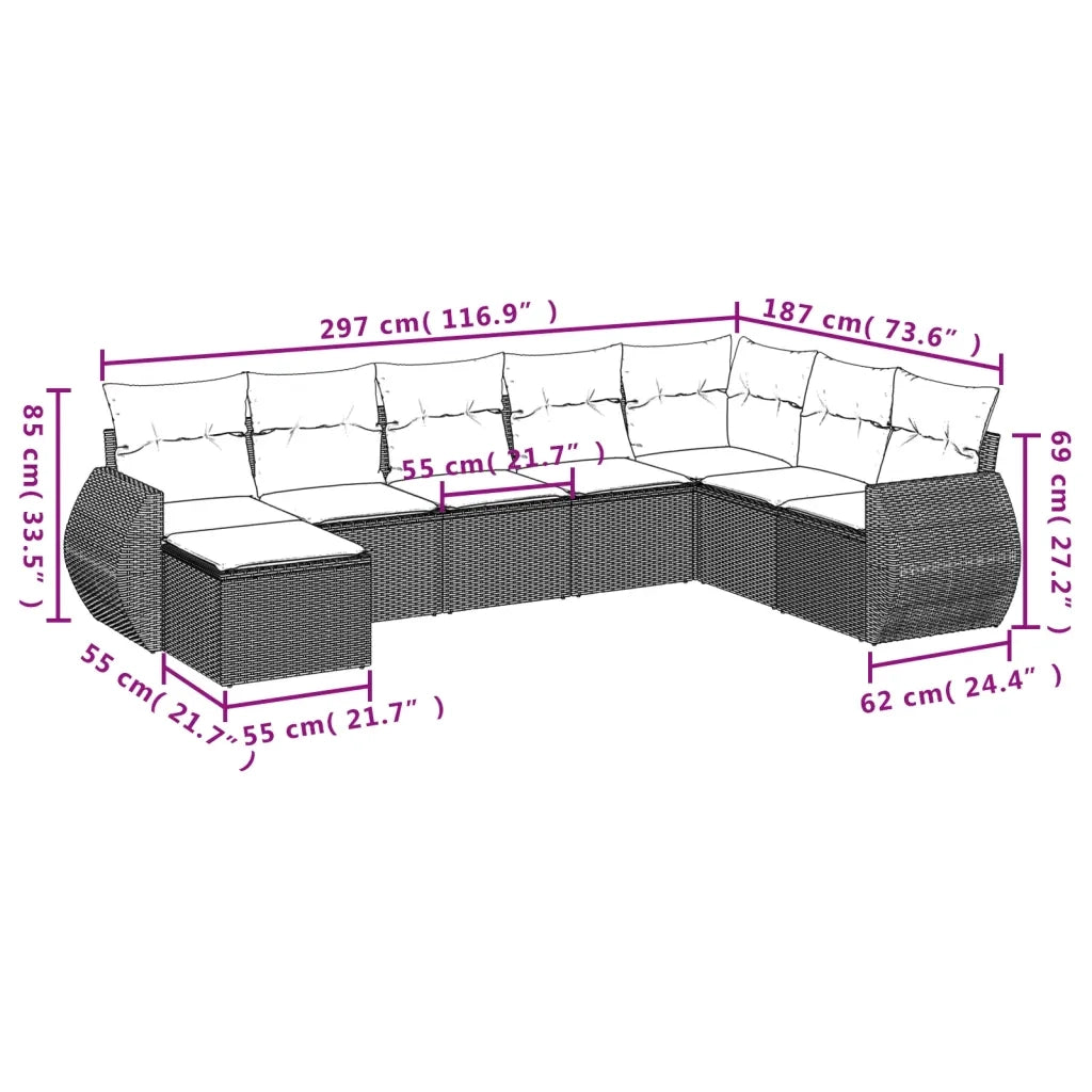 Set Divano da Giardino 9 pz con Cuscini Beige in Polyrattan