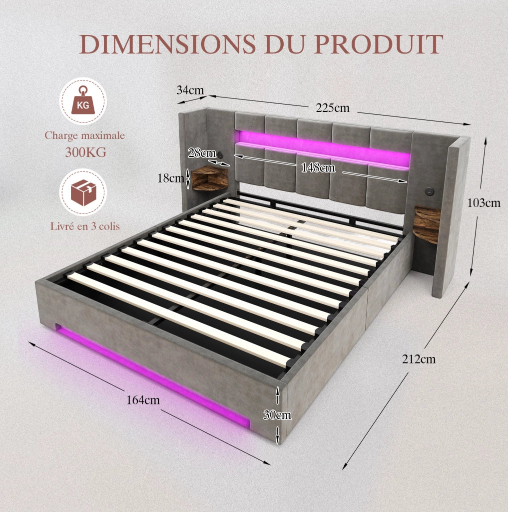 Letto 180x200 cm con contenitore; USB e LED in velluto grigio scuro