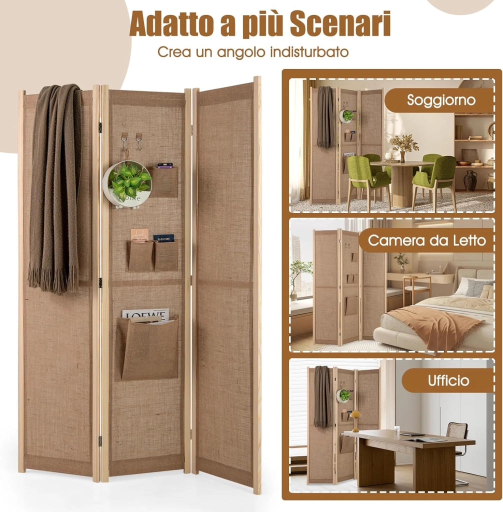 Paravento a 3 Pannelli, Separé Divisorio da Interno in Lino Finto con Tasche di Stoccaggio e Ganci, Pannelli Divisori Pieghevole per Camera da Letto, Ufficio e Soggiorno