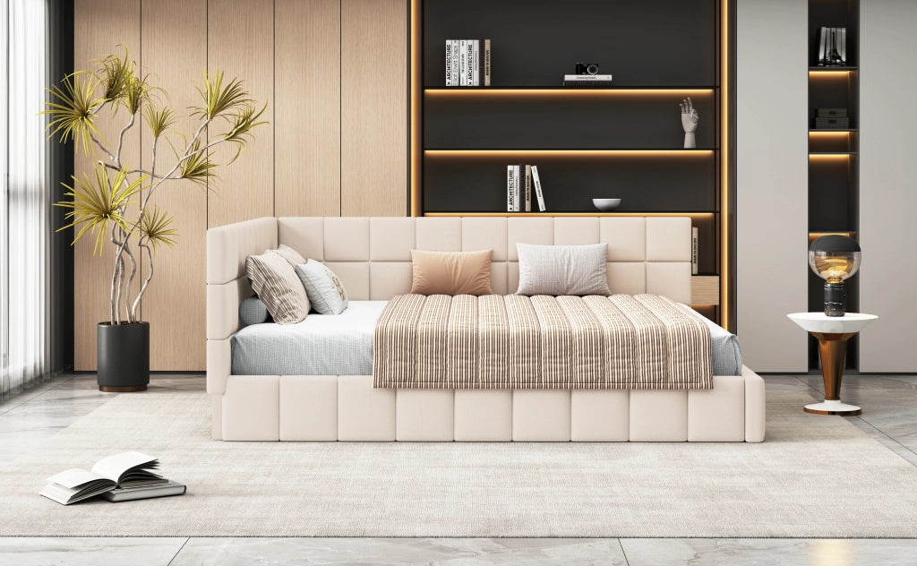 Divano letto imbottito in velluto con schienale e braccioli; beige; 160x200 cm; senza materasso