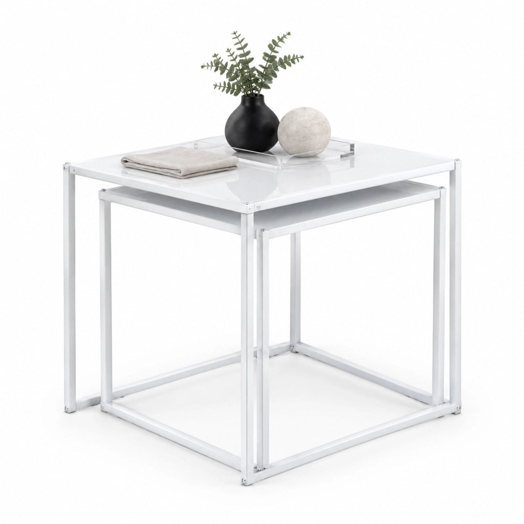 Set di 2 Tavolini da Salotto Quadrati in Acciaio Bianco, 40 e 35 cm
