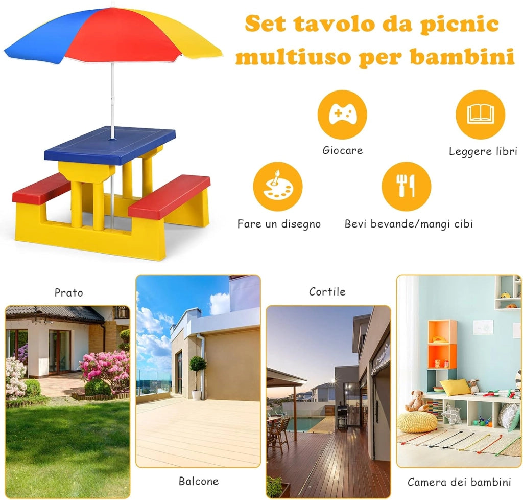 Tavolo da Picnic per Bambini con Parasole Pieghevole, Set di Tavolo e Panche per Giardino Esterno (rosso+blu+giallo)