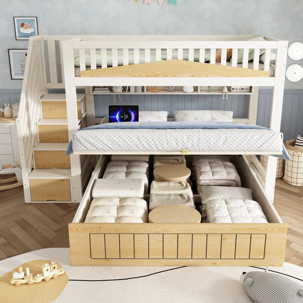 OKWISH Letto a Castello 90×200 cm e 140×200 cm, Letto 3 Posti con Vano Contenitore, Scala con Contenitori, USB e USB C, senza Materasso