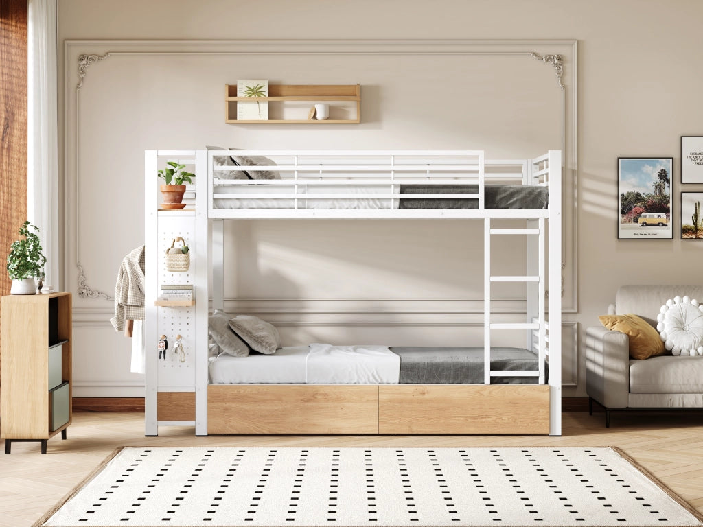 Letto a castello 90 × 200 cm con 2 cassetti, LED e appendiabiti, senza materasso, in MDF e metallo, bianco