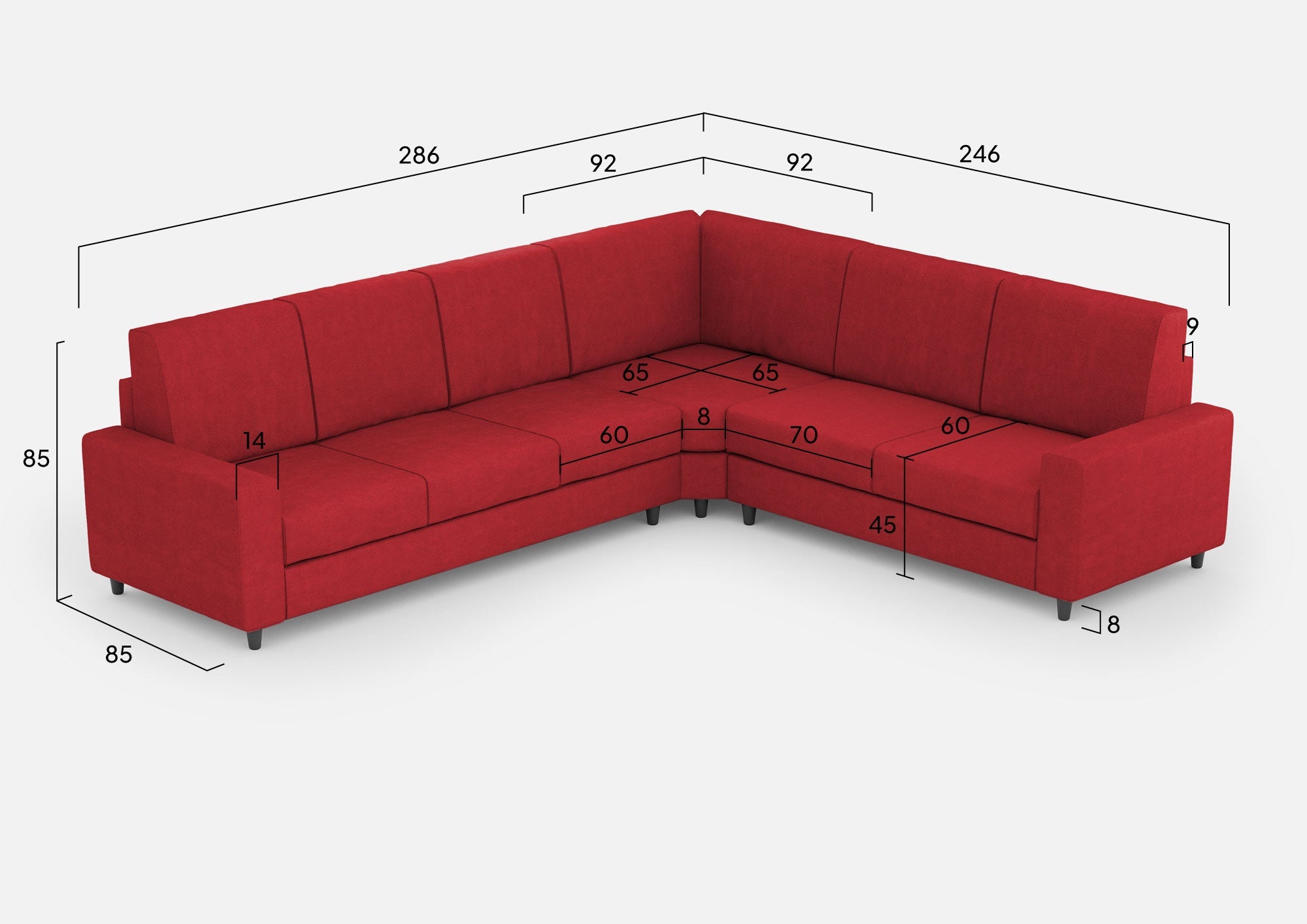 Divano Angolare 6 Posti 286x246x85 cm Sakar in Tessuto Rosso