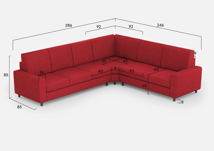 Divano Angolare 6 Posti 286x246x85 cm Sakar in Tessuto Rosso