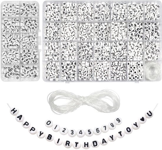 Alfabeto in Acero Rond 7 mm - 1940 Pezzi - Acquario - Bianco con Lettere da A a Z - Numeri da 0 a 9 - Cuore - 15 m di Corda Elastica - Lettere in Acero Rondello