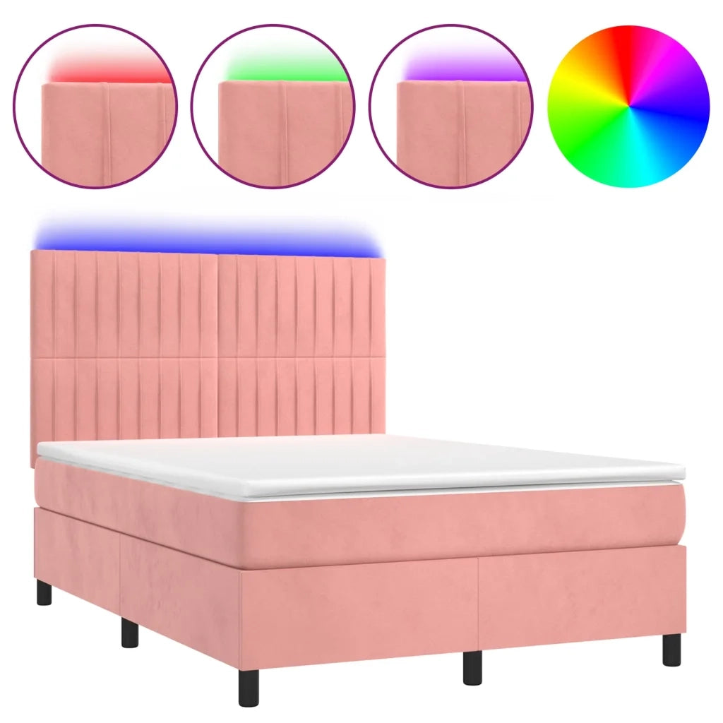 Letto a Molle con Materasso e LED Rosa 140x200 cm in Velluto