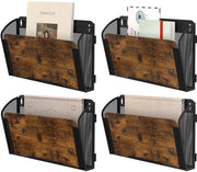 Kranteletta in legno per parete con 4 contenitori, supporto in metallo per giornali, contenitore per cartelle, contenitori di archiviazione per fogli A4, documenti, ufficio, scuola, organizzatore di archivi, nero/antico.