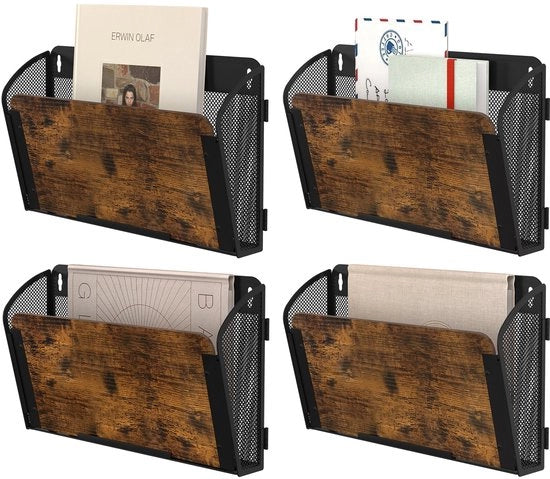 Kranteletta in legno per parete con 4 contenitori, supporto in metallo per giornali, contenitore per cartelle, contenitori di archiviazione per fogli A4, documenti, ufficio, scuola, organizzatore di archivi, nero/antico.