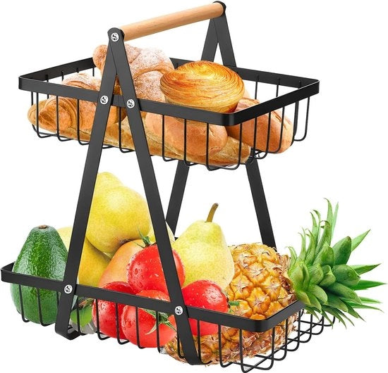 Fruitmand 2 piani - etagère per frutta spaziale per organizzazione della cucina, cesti per frutta in metallo per casa, ufficio, regalo per appassionati di salute - nero