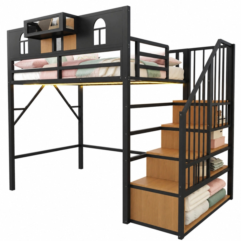 Letto a Soppalco 90x200 cm; Letto Singolo - Scala con Contenitore; LED; Mensola - Nero