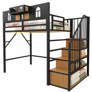 Letto a Soppalco 90x200 cm; Letto Singolo - Scala con Contenitore; LED; Mensola - Nero