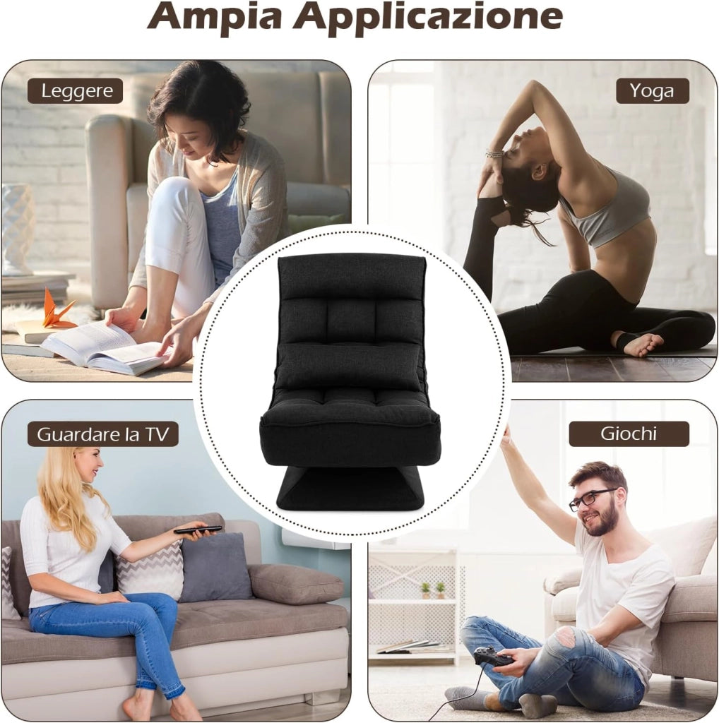 Poltrona da Terra Girevole 360°, Poltrona Relax con Schienale Regolabile a 4 Posizioni, Sedia Pieghevole con Base, per Soggiorno Camera da Letto (Nero)