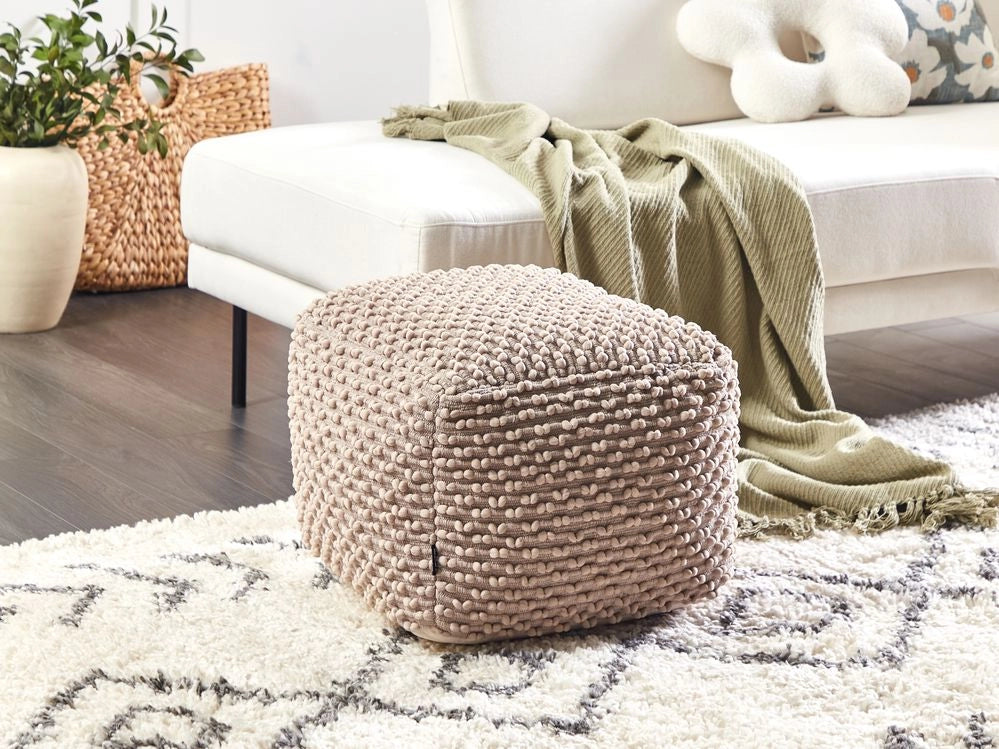 Pouf ottomana intrecciata a mano in cotone tortora 50 x 50 x 35 cm soggiorno camera da letto