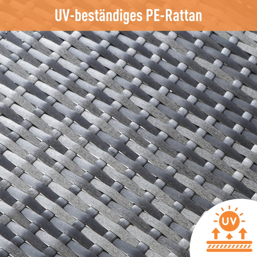 Set salotto polyrattan 7 persone: Divanooo + tavolo + sgabello + cuscini; tessuto sfoderabile lavabile; grigio