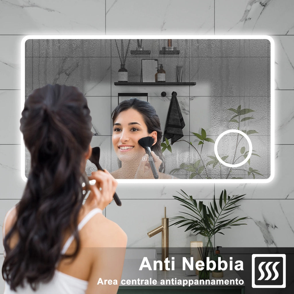 AICA Specchio da bagno  120 x 70 cm, dimmerabile, Blue tooth, Funzione Memoria, antiappannamento, 3 colori, Magnificatore