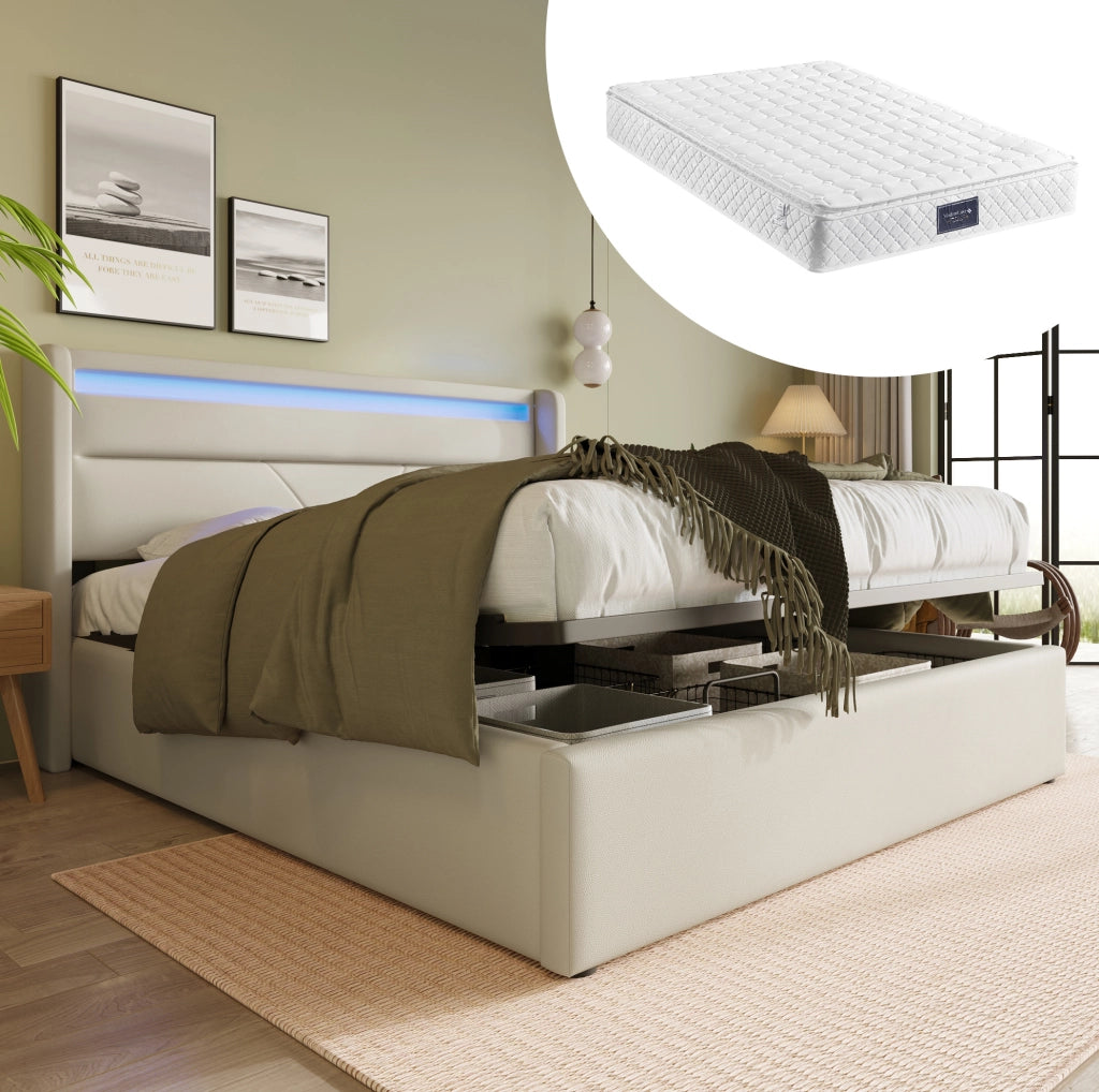 Polsterbett 160x200 cm con contenitore; illuminazione LED; idraulico; bianco in PU