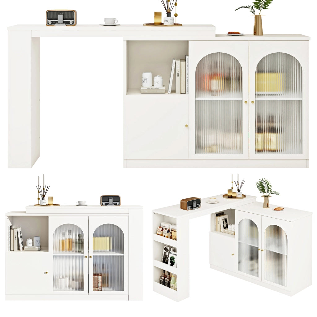 Mobile Bar Girevole a 360° con Anta in Vetro; Ripiani e Vano Chiuso per Cucina in MDF Bianco