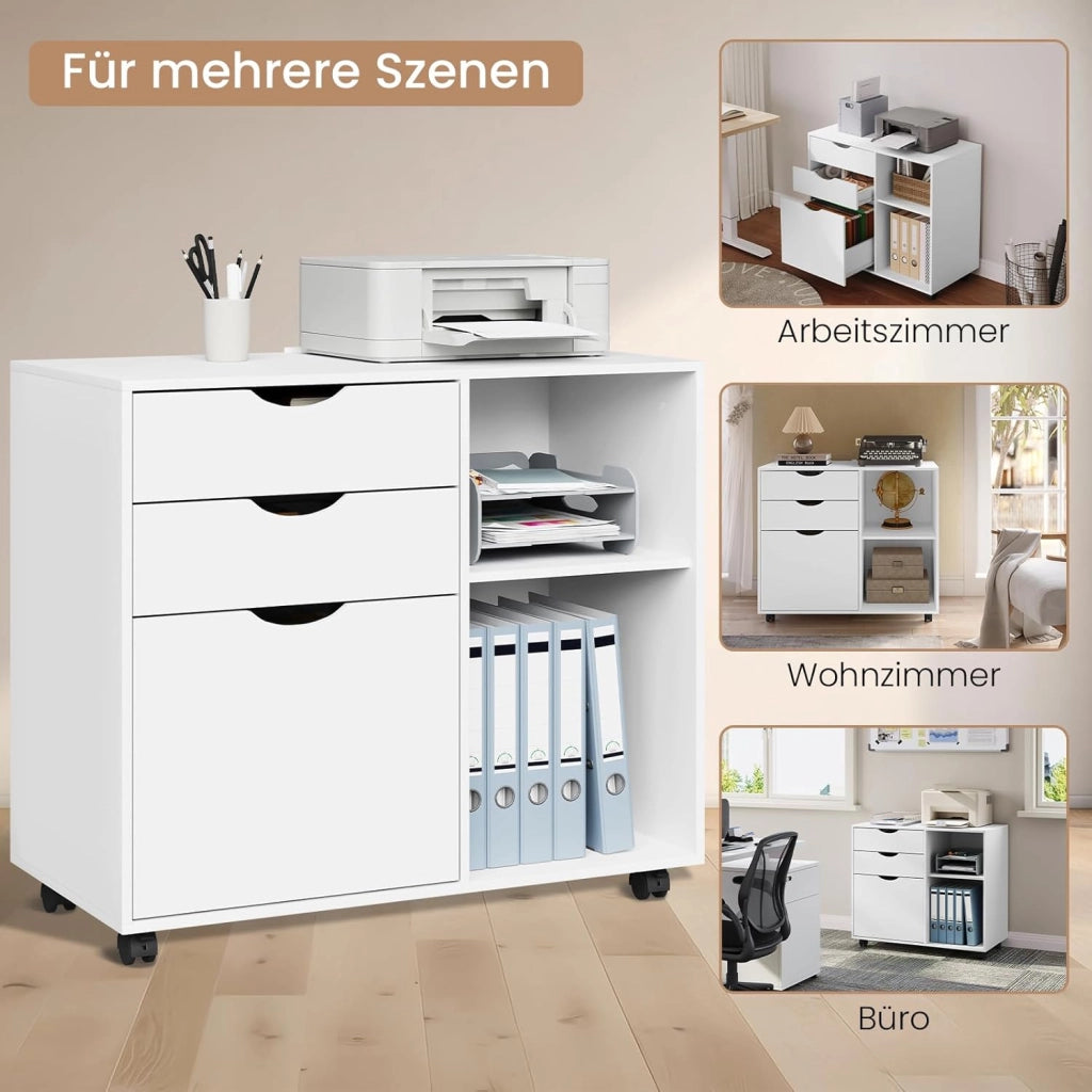 Schedario Mobilet con 3 Cassetti e 2 Ripiani Aperti, Cassettiera con 5 Ruote e Binario per Appendere, Armadio Ufficio per Cartelle e Documenti a4, 80x39,5x69,5 cm, Bianco