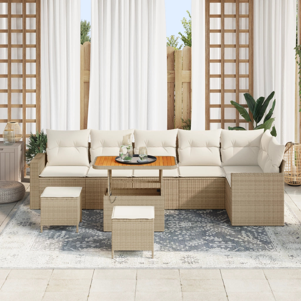 Set Divano da Giardino  9 Pezzi con Cuscini Beige Rattan Poliacetato