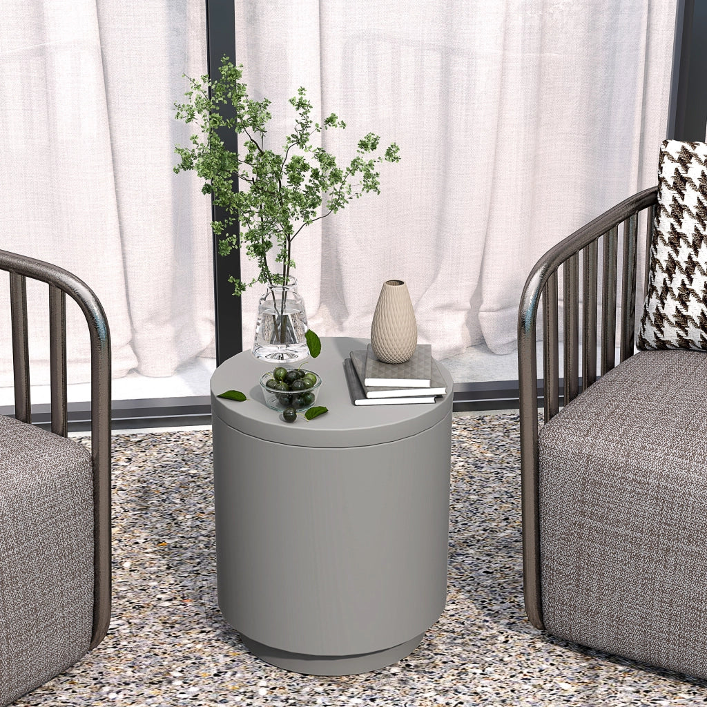 Tavolino Multiuso con Secchiello Ghiaccio e Coperchio, in Cemento e Acciaio Inox, ?37.5x43.5 cm, Grigio Chiaro