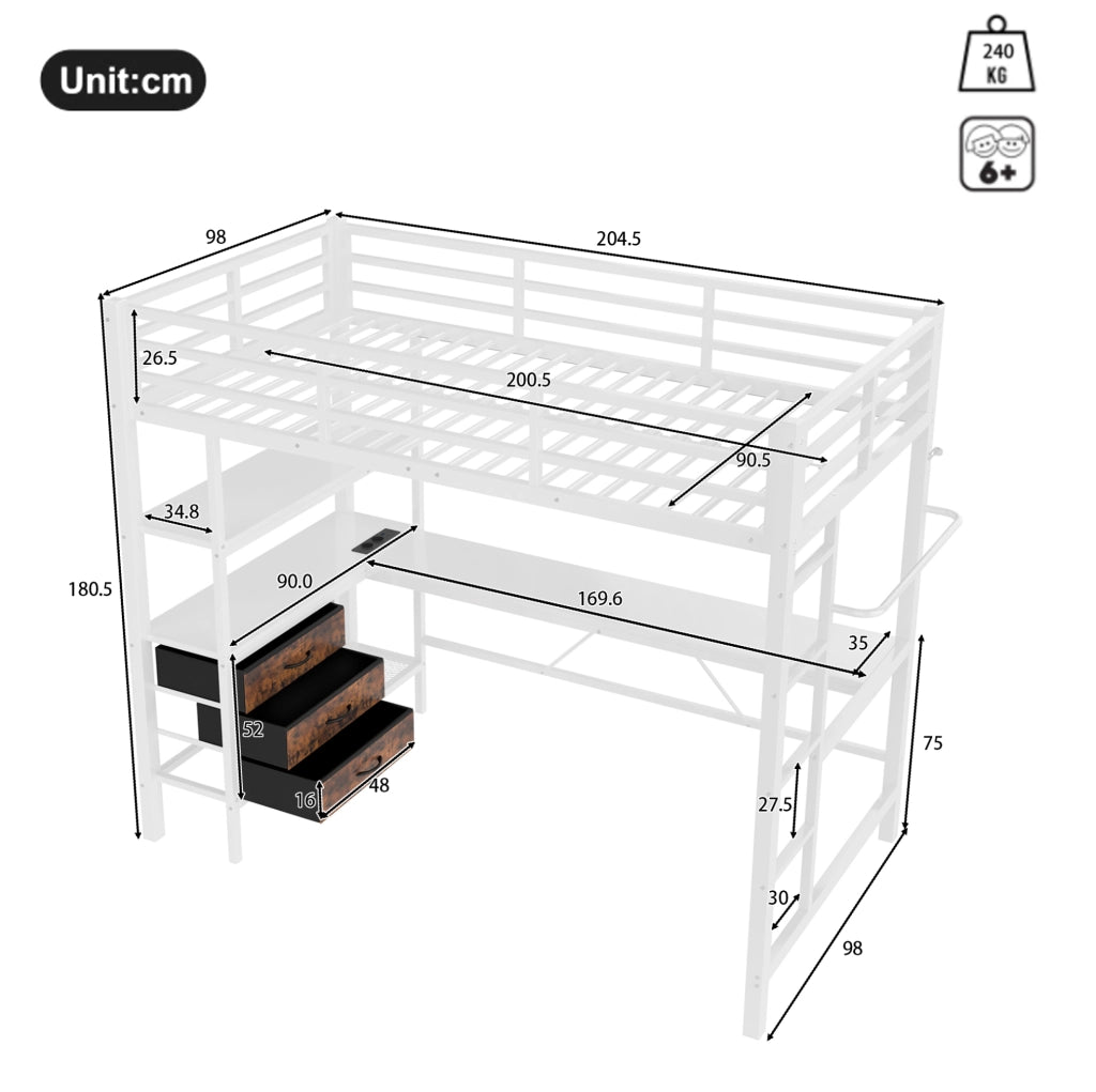 Letto a soppalco ULEVR 90x200 cm con scrivania, LED con telecomando, presa USB, 3 cassetti e ripiani, bianco