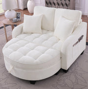 Divano letto 132x129x93 cm 2 in 1 con pouf contenitore in legno di eucalipto beige