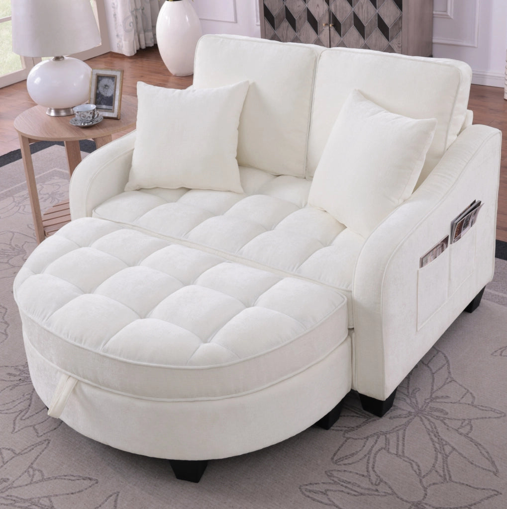 Divano letto 132x129x93 cm 2 in 1 con pouf contenitore in legno di eucalipto beige