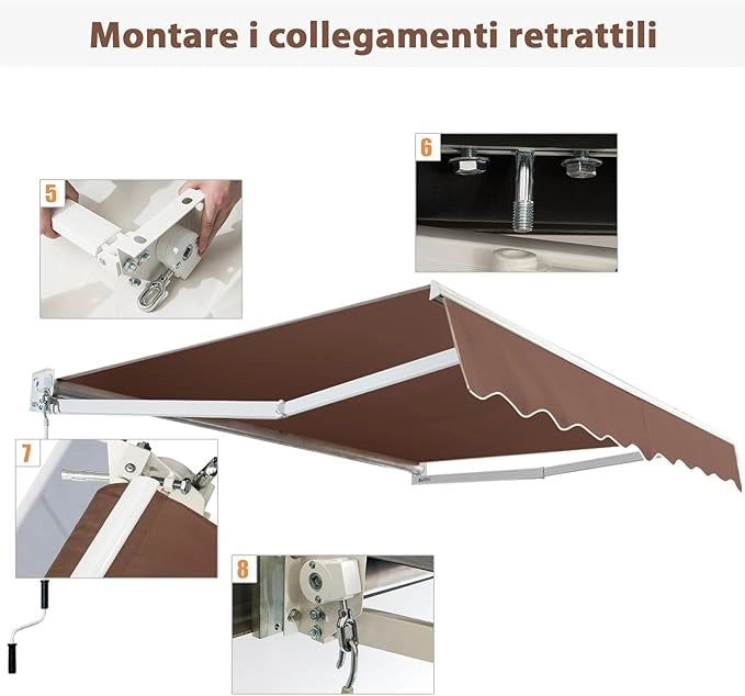 Tenda da Sole per Esterno Avvolgibile, Tenda da Sole a Bracci Estensibili con Telaio in Alluminio e Tettuccio Resistente al Sole e Impermeabile e Manovella (245 x 200 cm,Marrone)