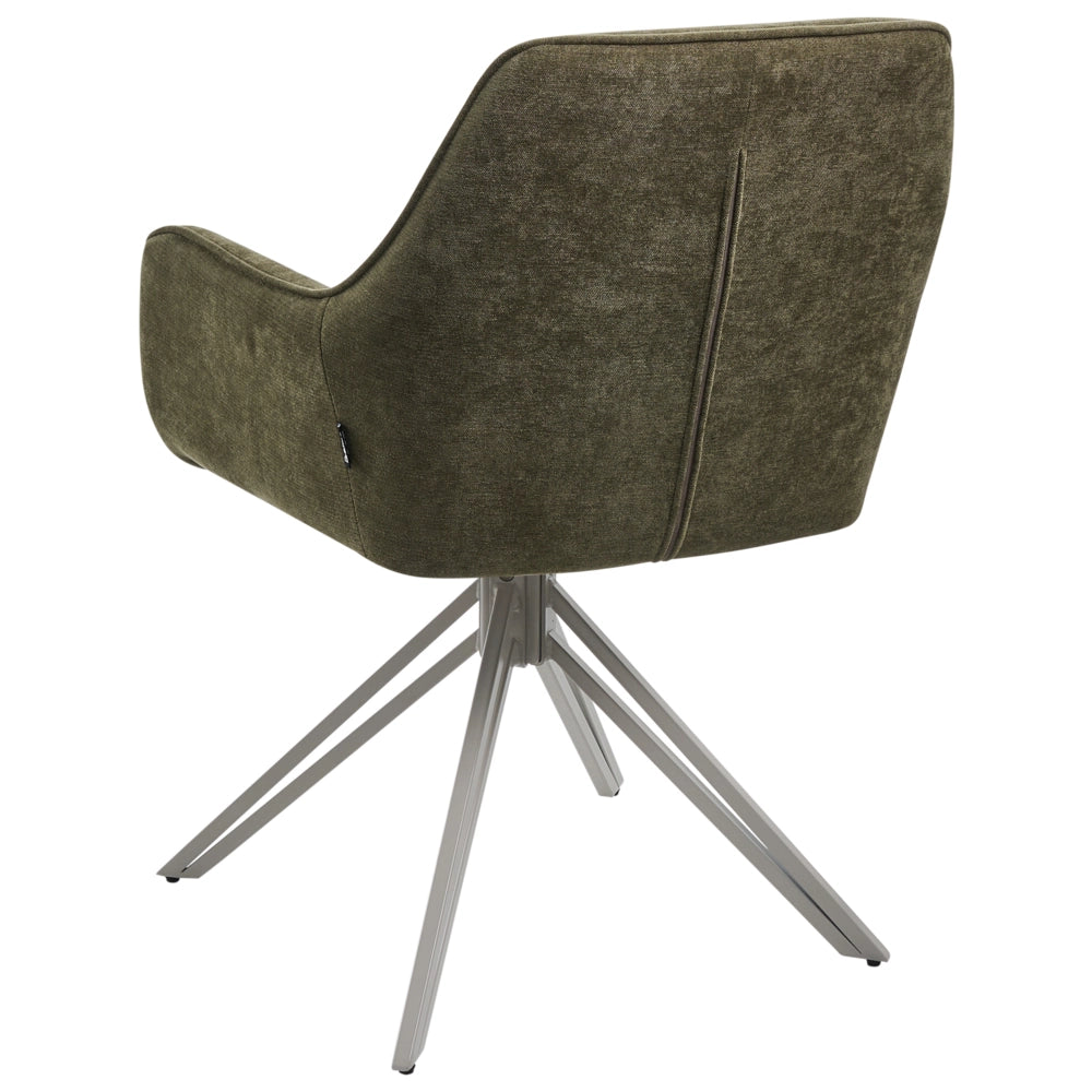 Set di 2 sedie da pranzo girevoli in tessuto verde scuro con braccioli e schienale, gambe in metallo beige, stile retrò-contemporaneo