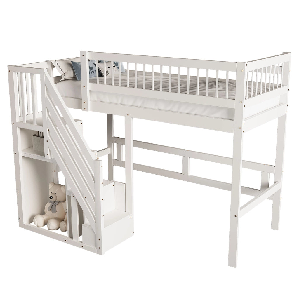 Letto singolo in legno bianco con scala contenitiva 90x200 cm