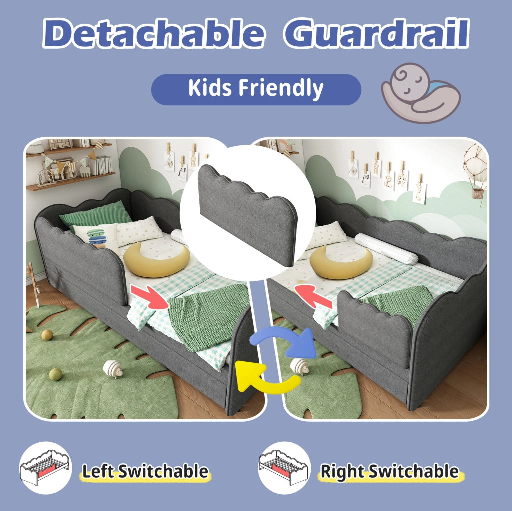 Letto daybed estraibile 90x190 cm in lino grigio; con rete a doghe e struttura L