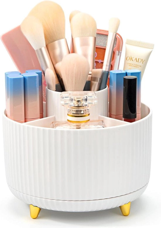 Organizzatore di makeup, asta di makeup rotativa 360 gradi, organizzatore di makeup, contenitore di makeup per tavolo da trucco, camera da letto, bagno, ufficio, scrivania (bianco)