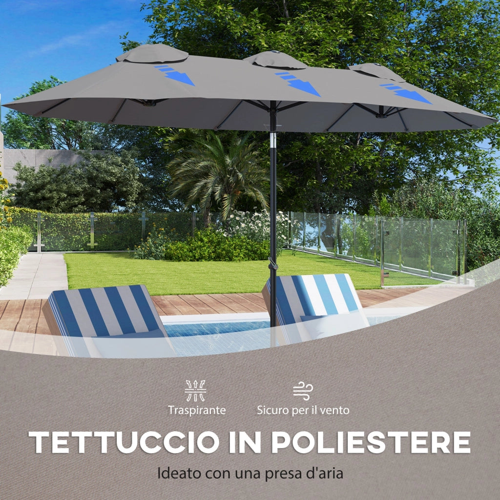 Ombrellone Doppio 285x147x227 cm Inclinabile a 45° con Prese d'Aria in Acciaio e Poliestere Grigio