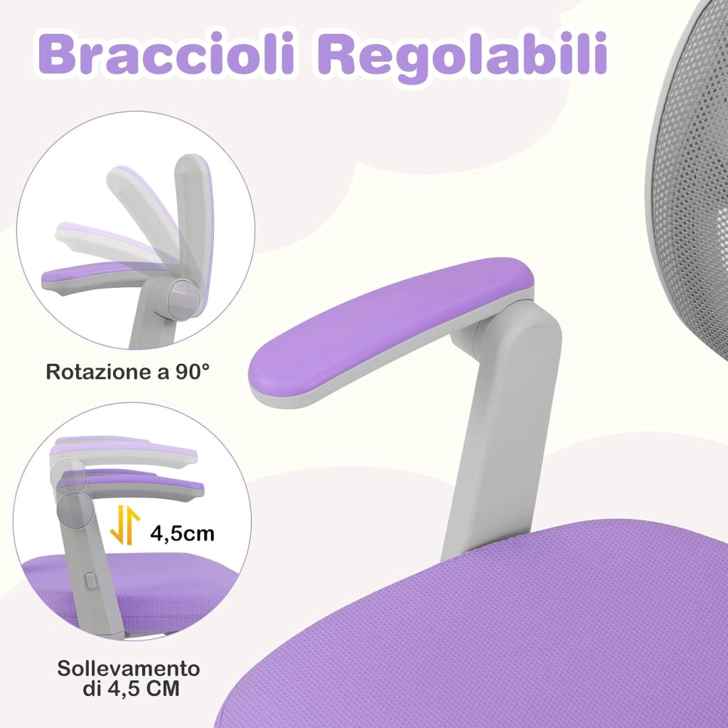 Sedia da Scrivania Bambini Girevole, Altezza Regolabile, Sedia da Studio per Ragazzi con Braccioli a Ribalta e Poggiapiedi, Poltrocina in Rete per Bambini 3-15 Anni, Portata 150 kg (Viola)