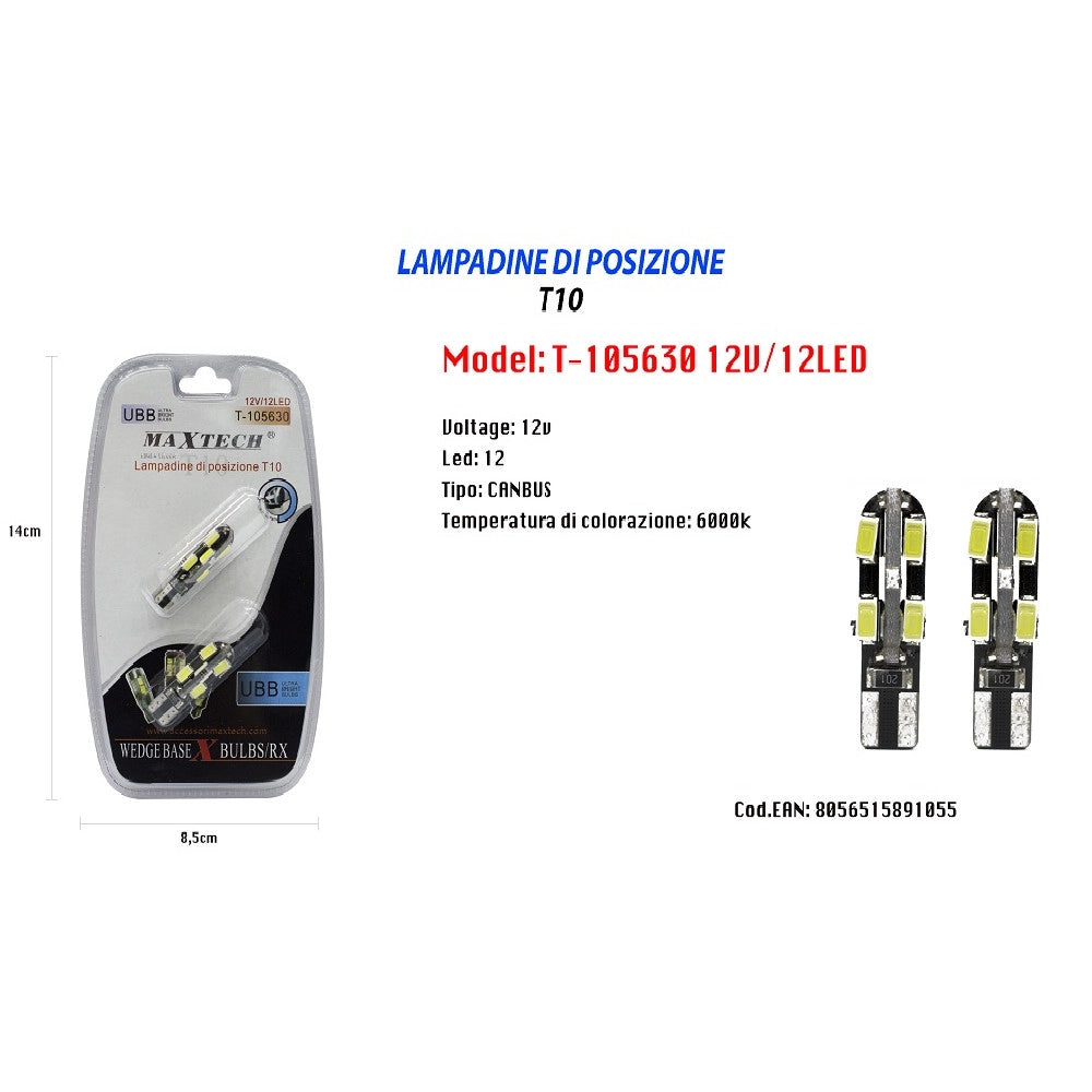 Trade Shop - Lampadine Di Posizione T10 Maxtech T-105630 12v 12led Canbus 6000k Ultra Luminose -