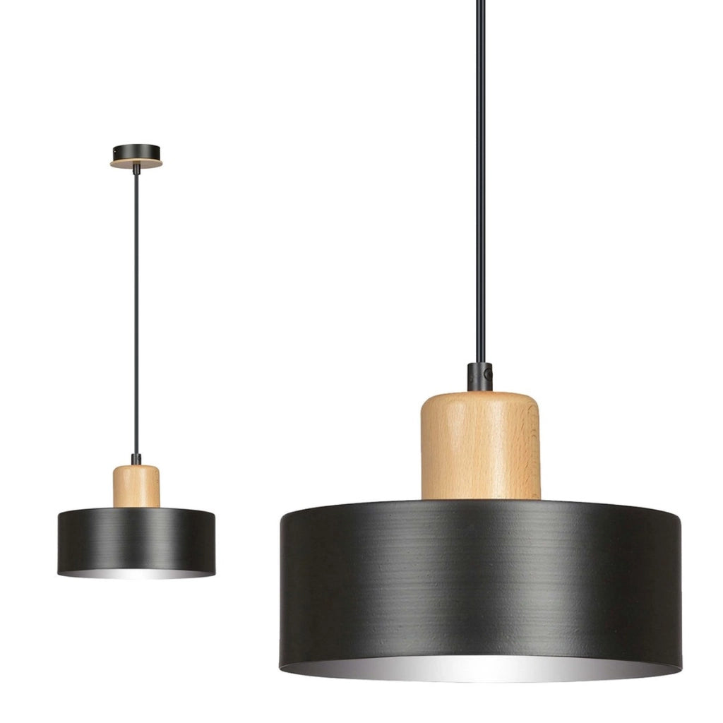 Lampada a sospensione Torin in acciaio nero opaco e legno
