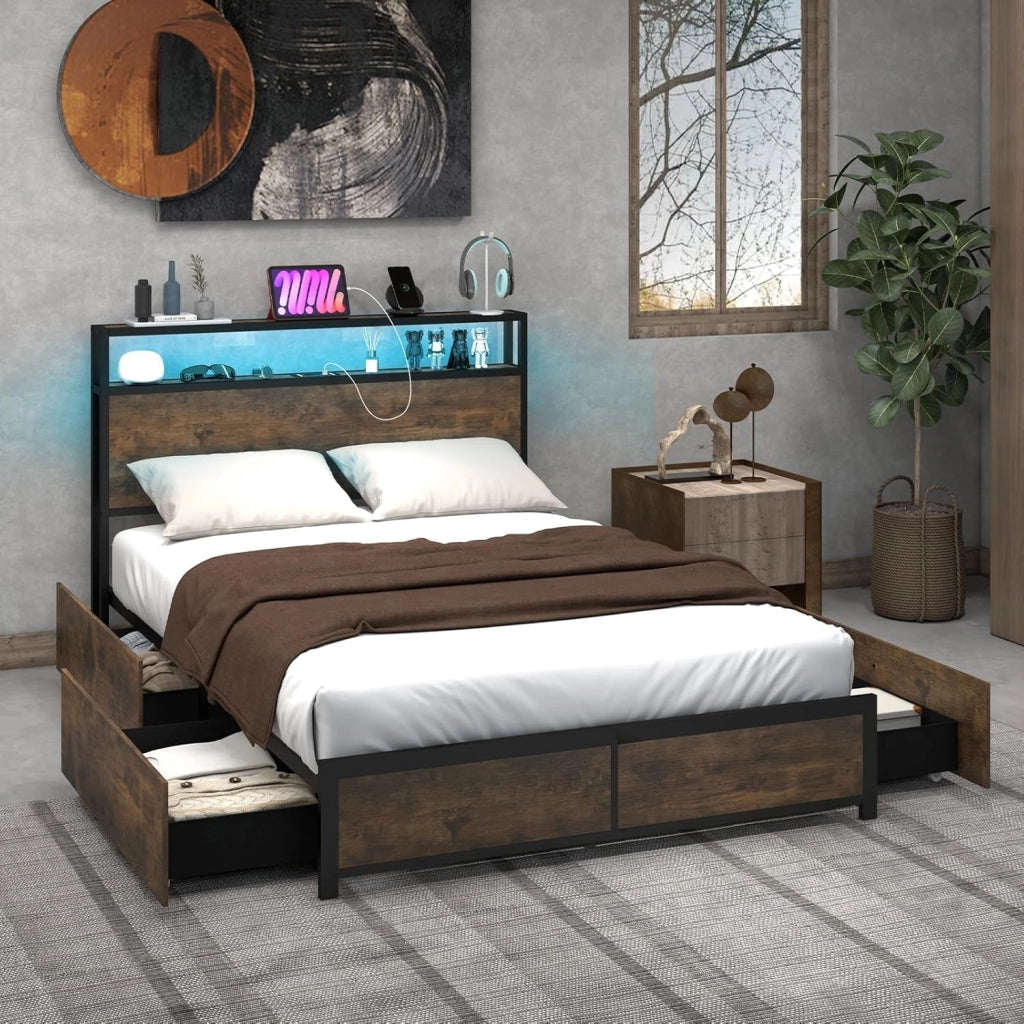 Letto Matrimoniale 140x200 cm, con 4 Cassetti e Testiera, Struttura Letto con Luci LED Regolabile e Presa Multipla, Carico Massimo 300kg, Silenzioso